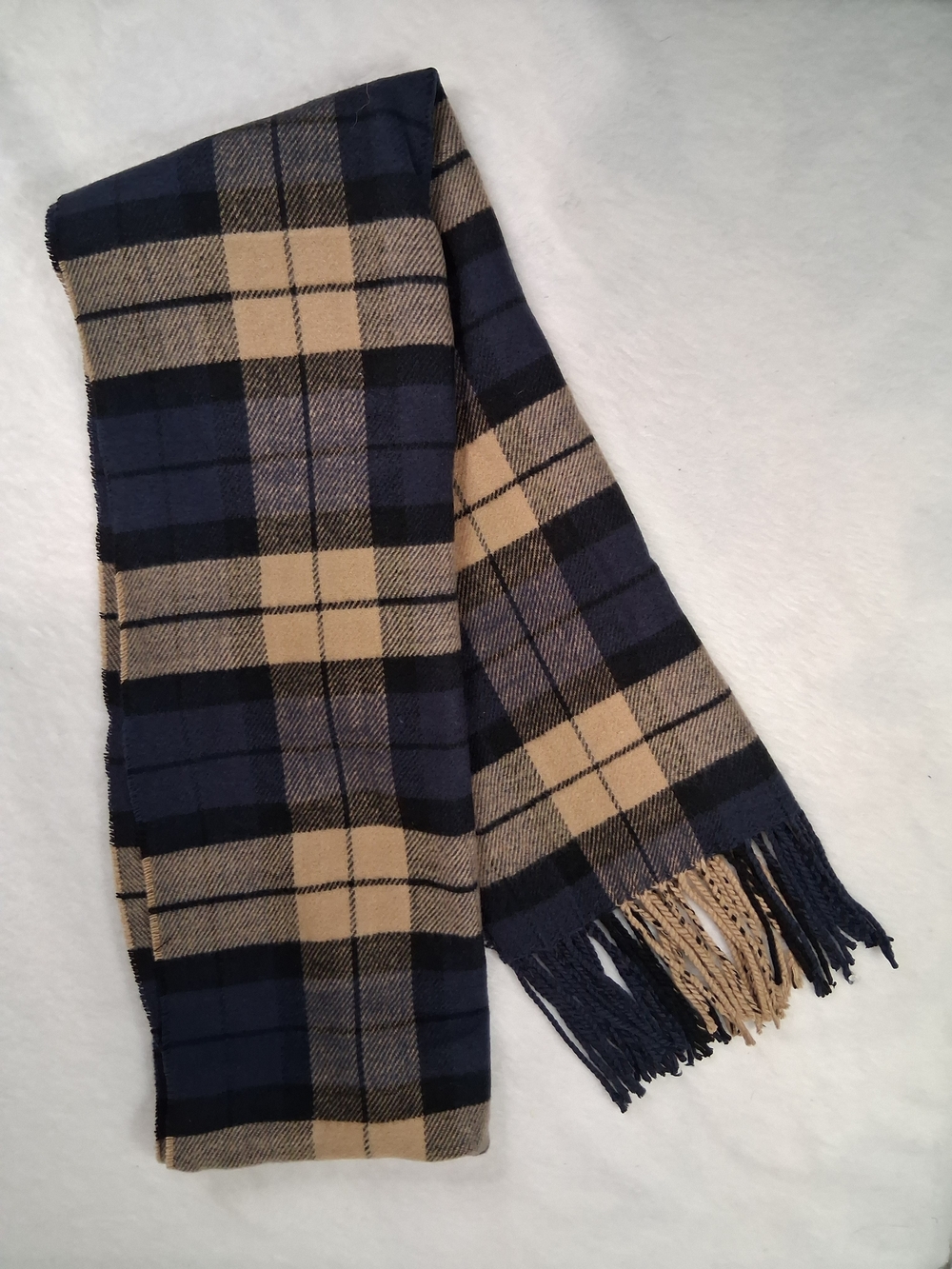 Tartan Plaid Cashmere Fringe Scarf Quiet Luxury Blue Tan